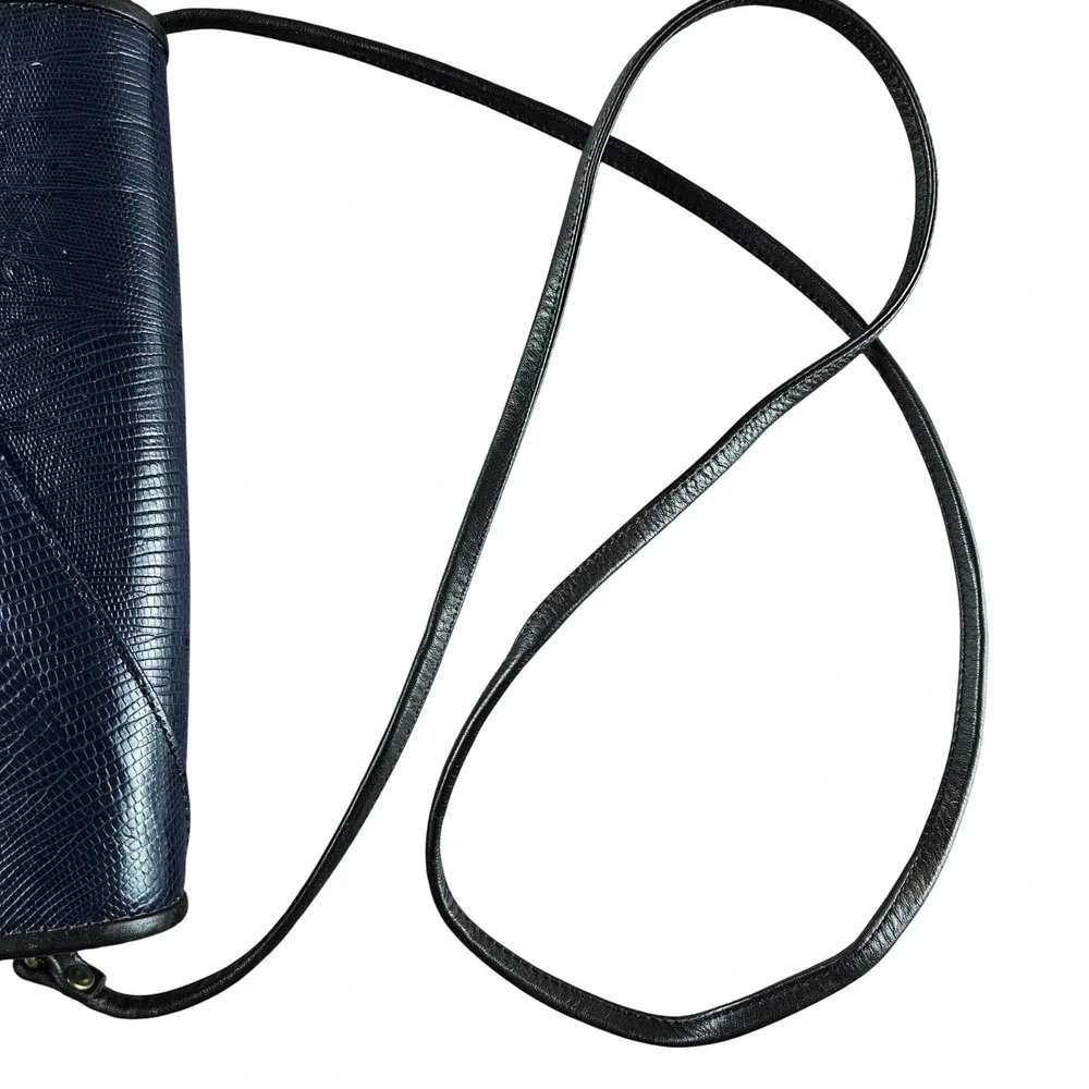 Roche Navy black lizard skin leather crossbody accordion purse bag‎ vintage